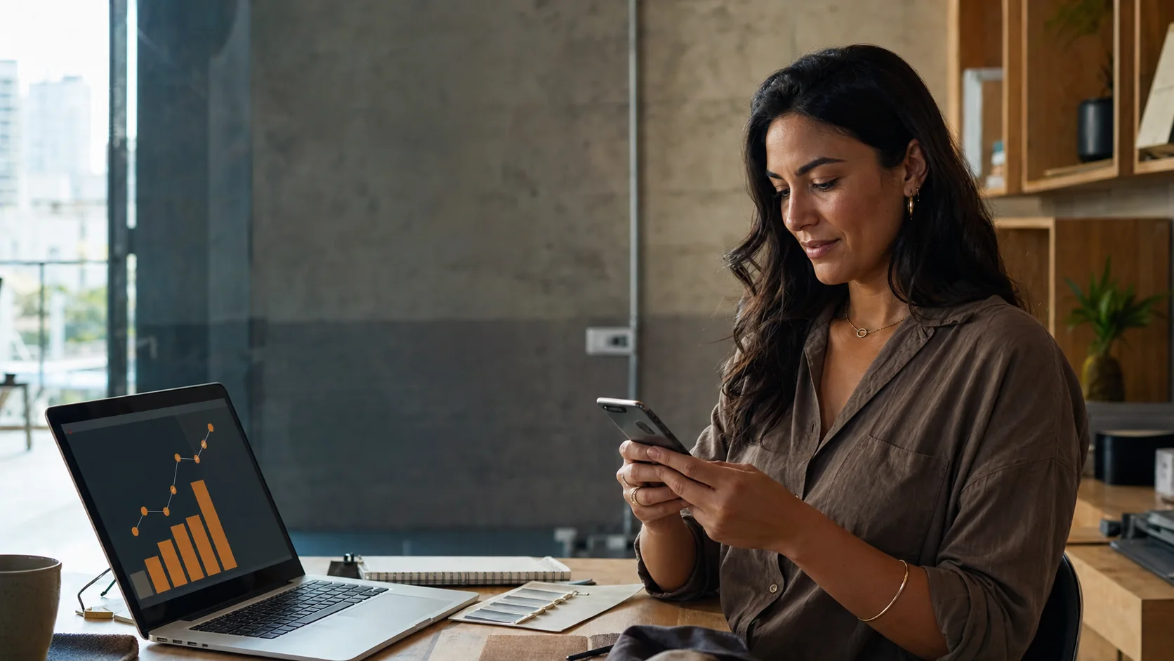 Empreendedora brasileira acompanhando o crescimento das vendas pelo celular e notebook