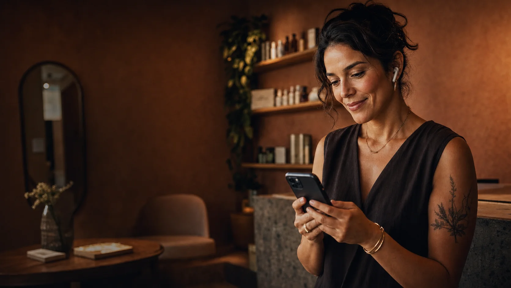 Empreendedora brasileira acompanhando uma conversa no celular em sua clínica